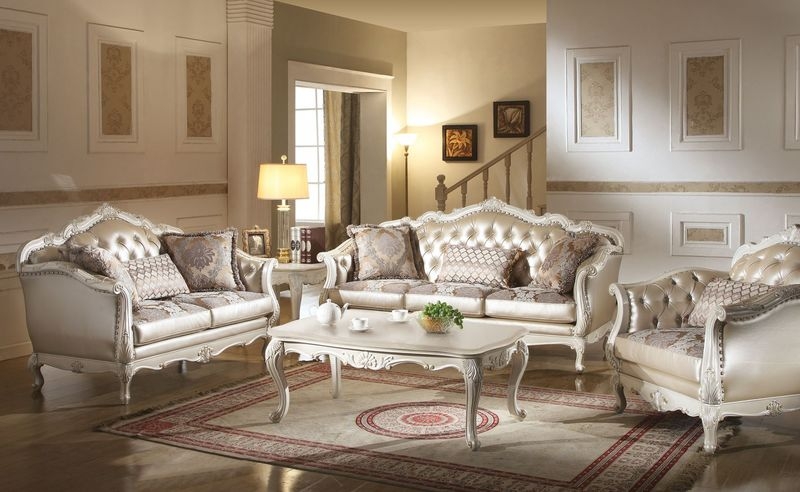 Traditional Living Room Set White with Ornate Silver Carved Frames