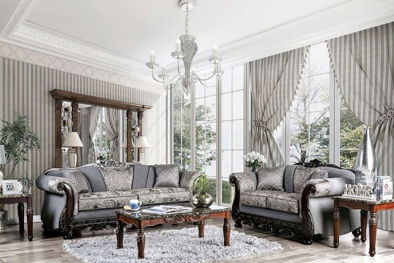 Traditional Living Room Set with Carved Wood Trim Details
