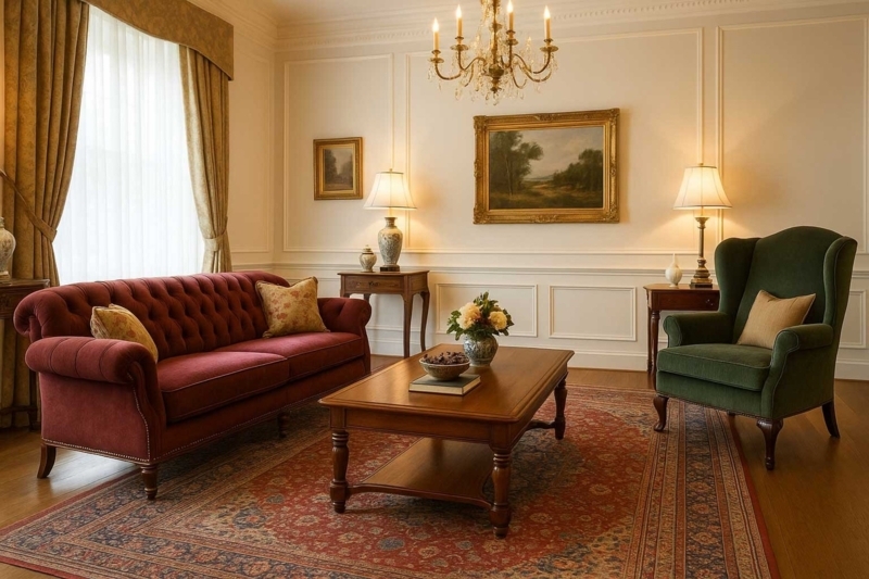 Traditional Living Room with fireplace, cream sofa, and rolled arms.