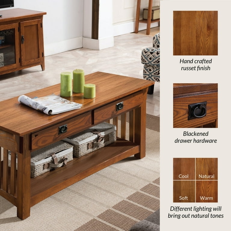 Traditional Oak Coffee Table with Shelf. Ring Pulls, Slatted Side Panels.