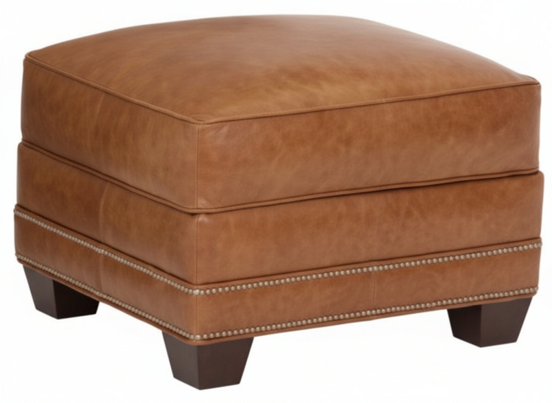 Traditional Ottoman with Nailhead Trim and Turned Bun Feet in Burgundy