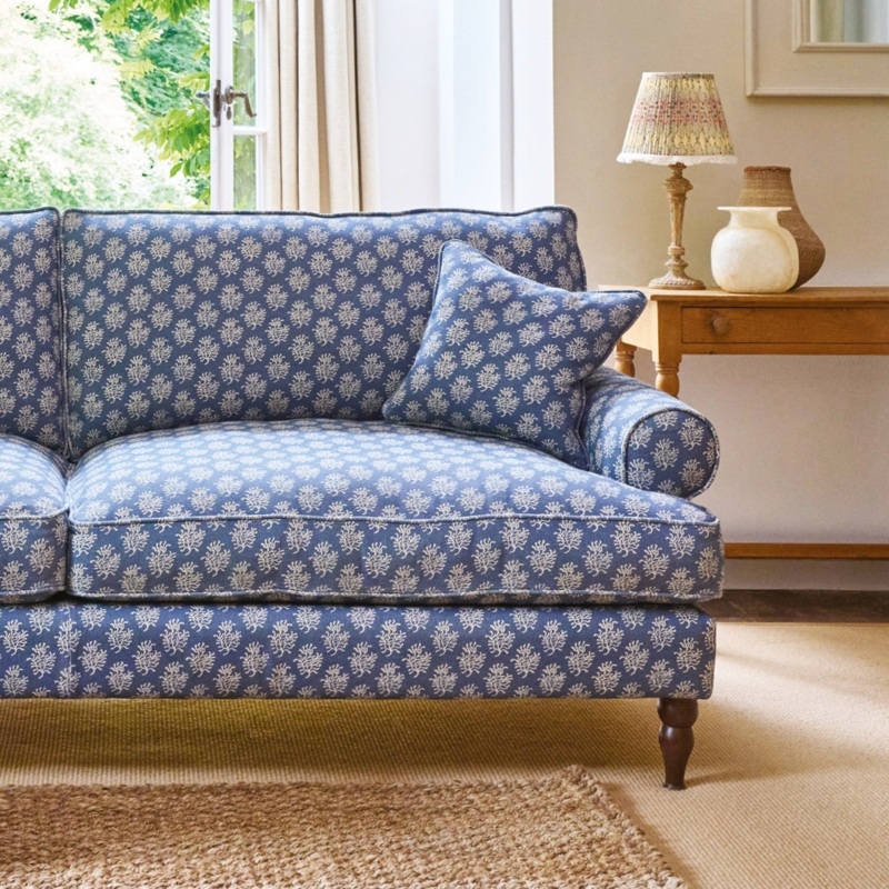 Traditional Pale Blue Patterned Sofa with Rolled Arms and Wainscoting