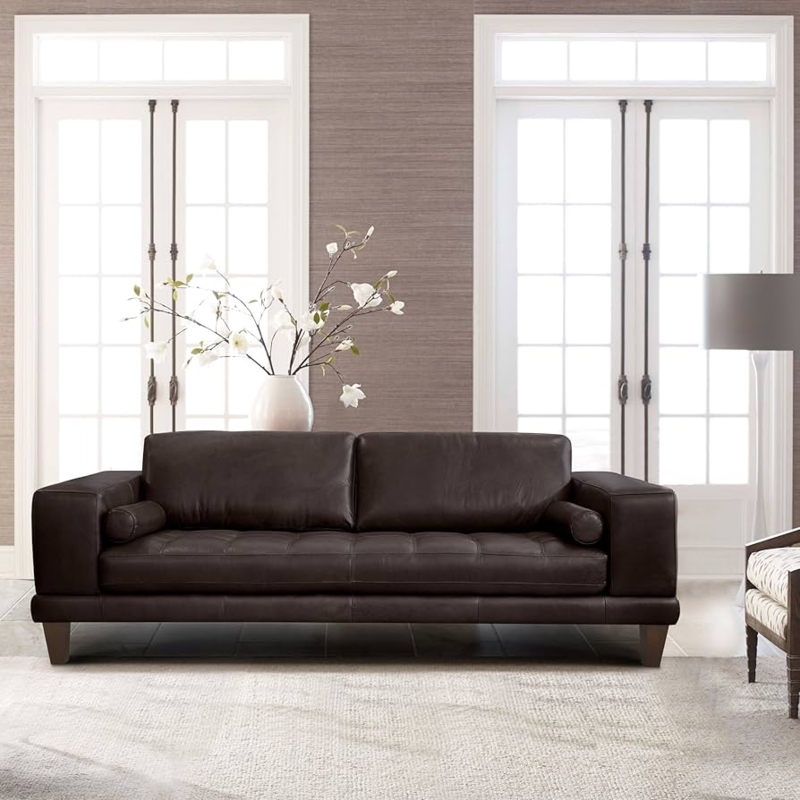 Traditional Rolled Arm Couch in Espresso Leather-Like