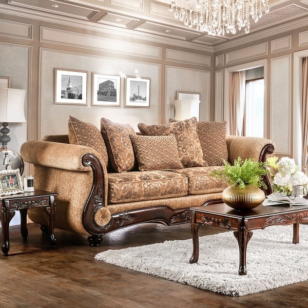 Traditional Rolled Arm Sofa in Bronze Chenille with Patterned Pillows