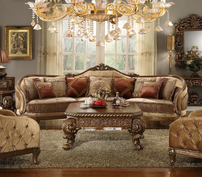 Traditional Sectional Sofa Sandy Beige Ornate Carved Gold Trim rococo style