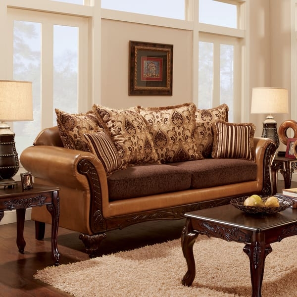 Traditional Sofa Camel Chenille Faux Leather Ornate Carved Wood Details