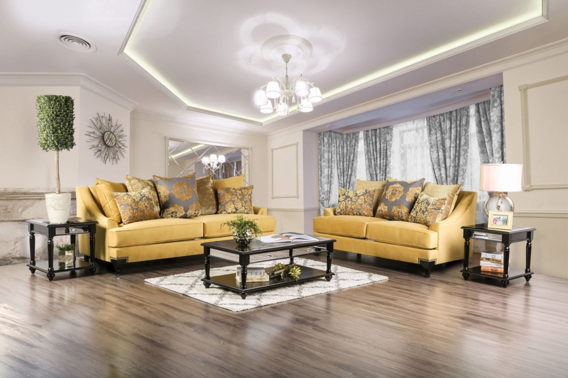 Traditional Sofa Champagne Upholstery with Glossy Dark Wood Trim