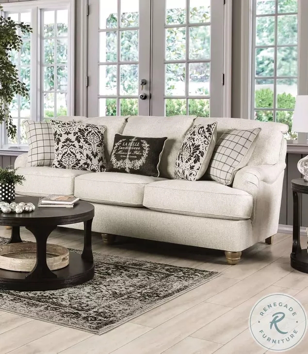 Traditional Sofa with Deep Button Tufting and Silver Nailhead Trim Ivory