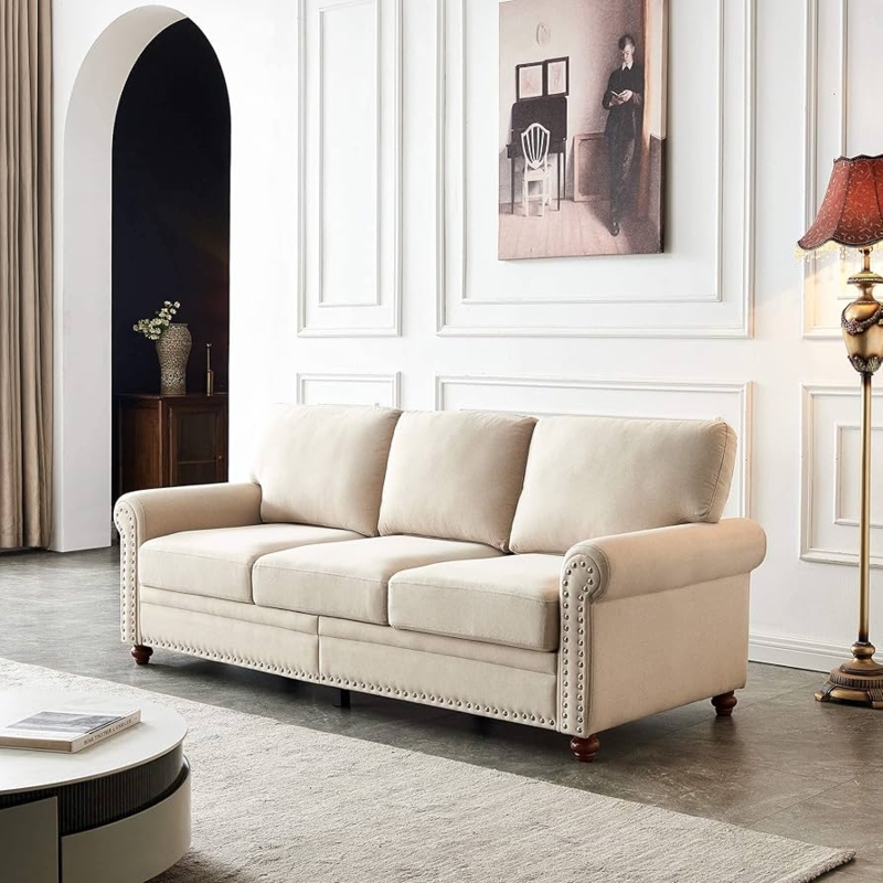 Traditional Sofa with Rolled Arms and Nailhead Trim Beige Fabric