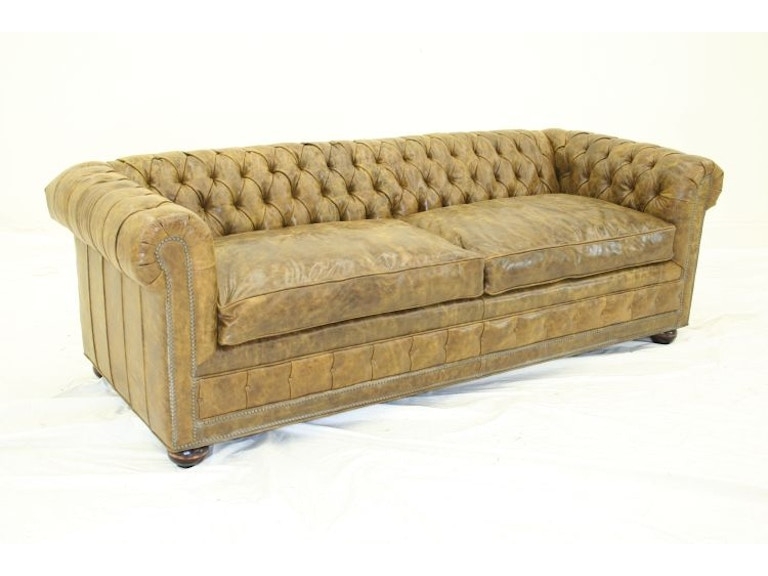Traditional Tufted Leather Sofa with Weathered Finish & Rolled Arms