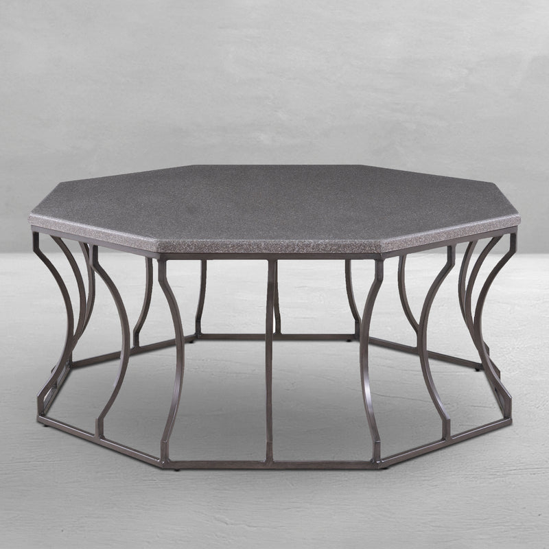 Traditional Wrought Iron Octagonal Coffee Table with Stone-Like Top