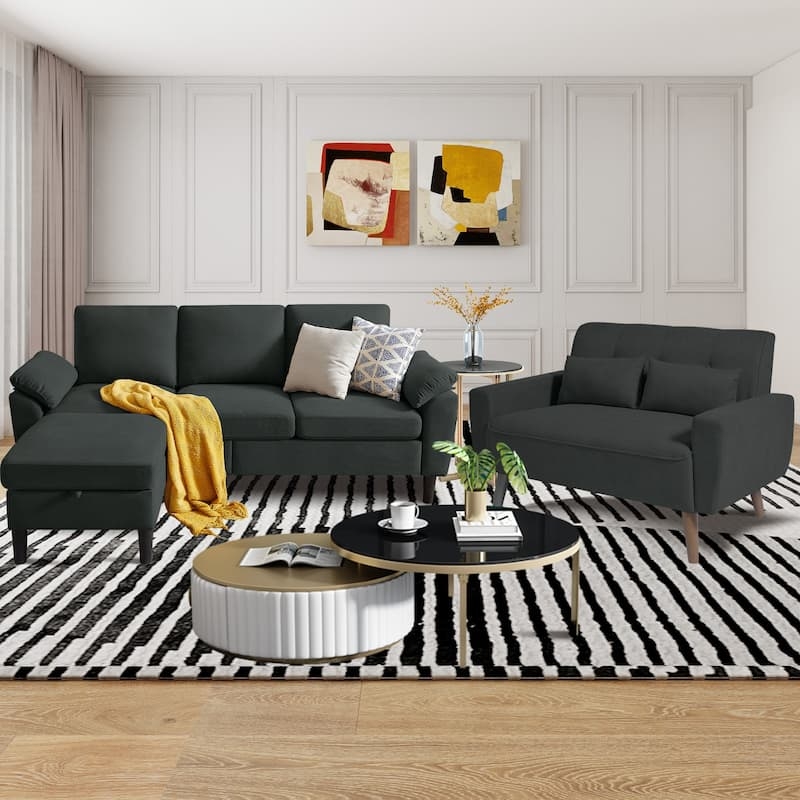 Transitional Beige Living Room Set Linen-like Rolled Arms