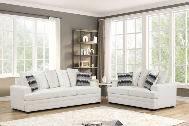 Transitional Beige Performance Fabric Sofa Set with Sloped Track Arms