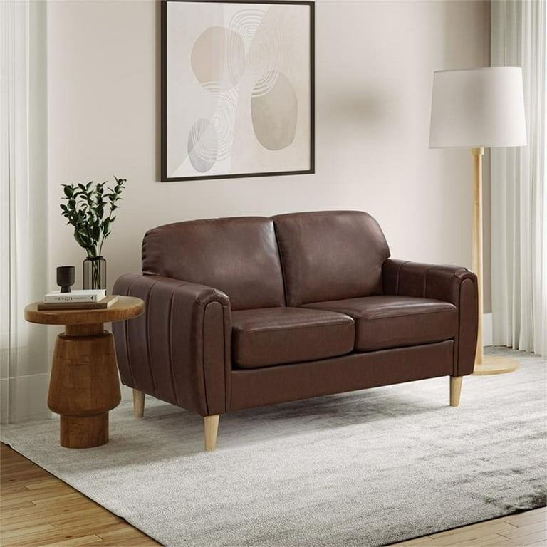 Transitional Brown Faux Leather Loveseat with Rolled Arms