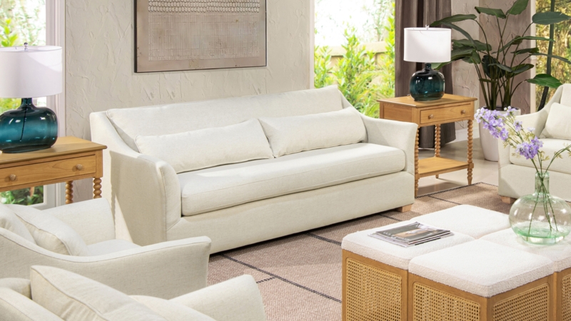 Transitional Flax White Sofa with Flared Arms & Lumbar Pillows