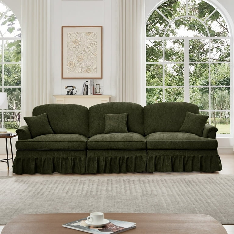Transitional Forest Green Chenille Sofa featuring a Pleated Skirt