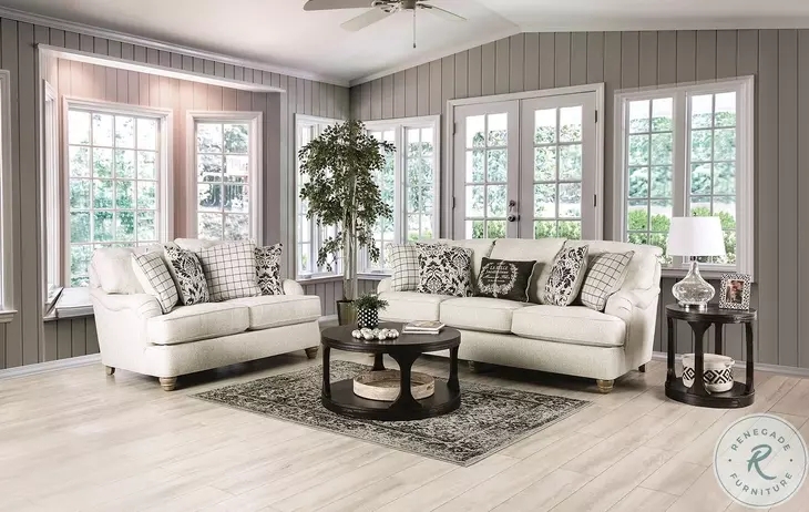 Transitional Ivory Living Room Set Sloped Arms Dark Wood Base
