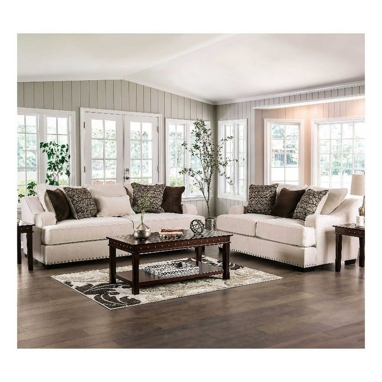 Transitional Living Room Set: Beige Fabric, Button Tufted Back, Rolled Arms