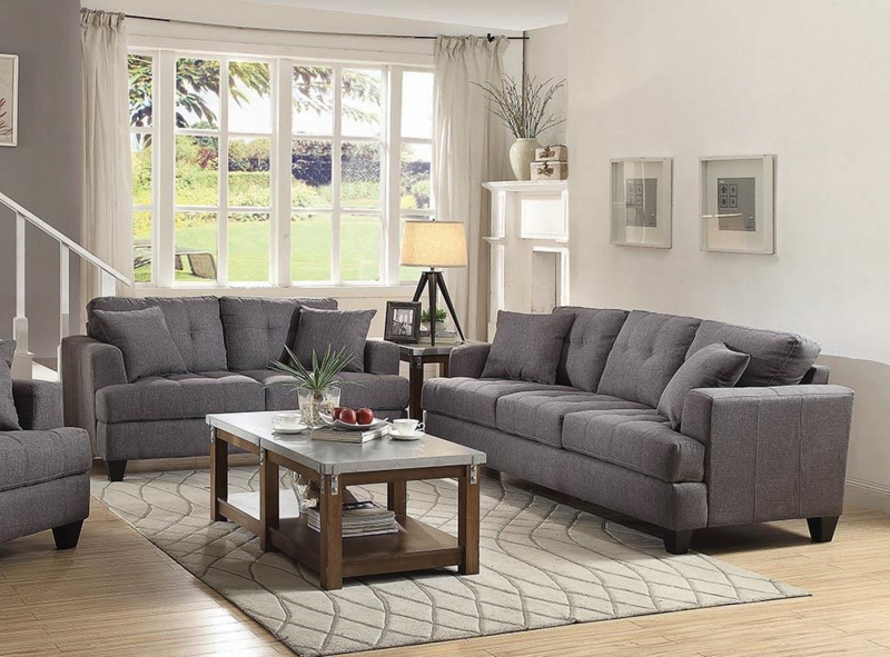 Transitional Living Room Set Button Tufted Back Flared Arms Grey