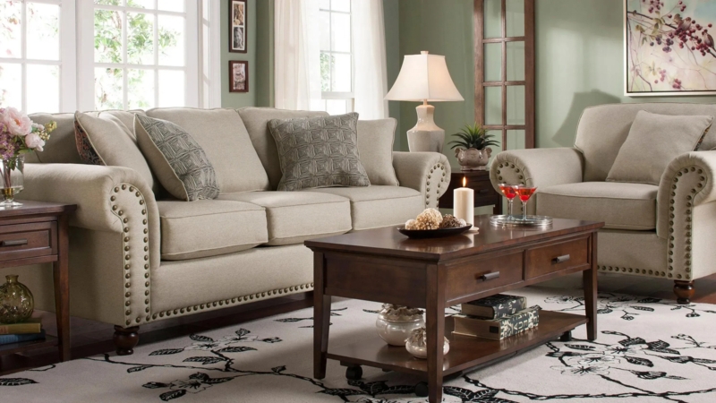 Transitional Living Room Set, Gray Sofa with Cognac Accent Chairs
