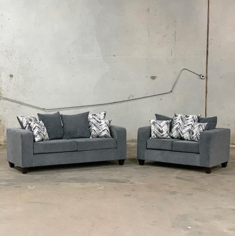 Transitional Living Room Set: Pillow Top Arms, Tufted Backs in Charcoal.
