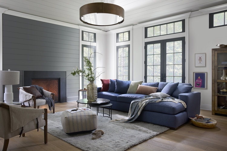 Transitional Living Room: Symmetrical Built-ins & Slanted Ceiling