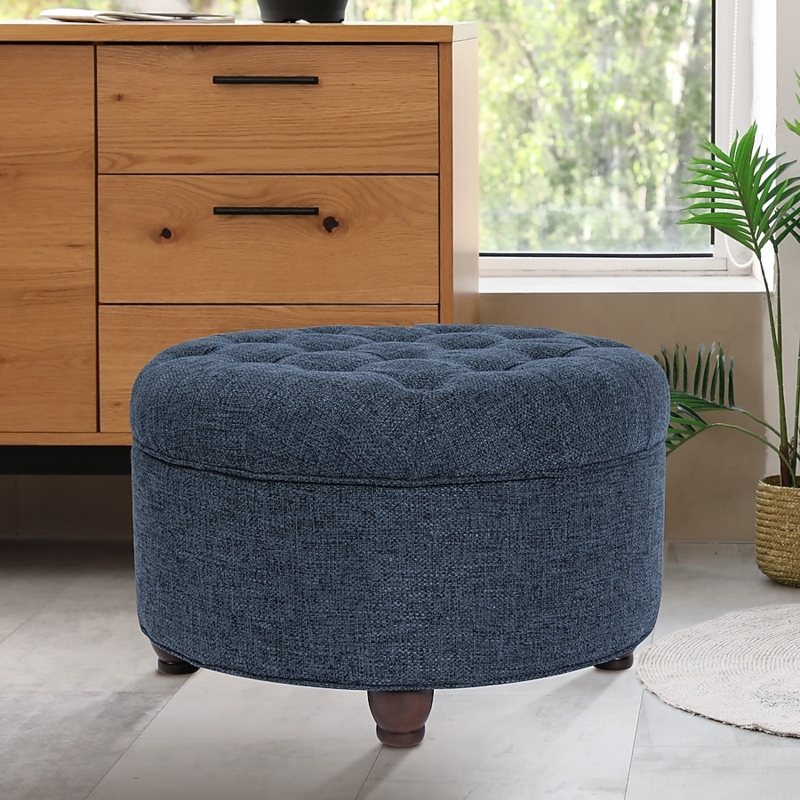 Transitional Navy Blue Round Storage Ottoman, Upholstered Footrest
