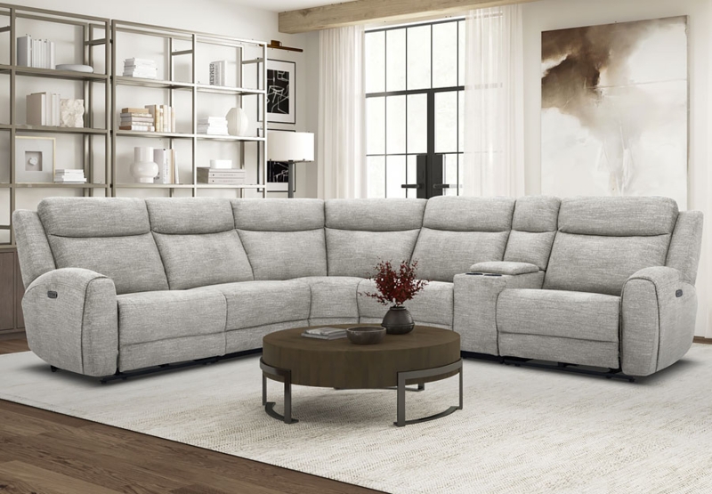 Transitional Sand Fabric Reclining Sectional with Padded Headrests