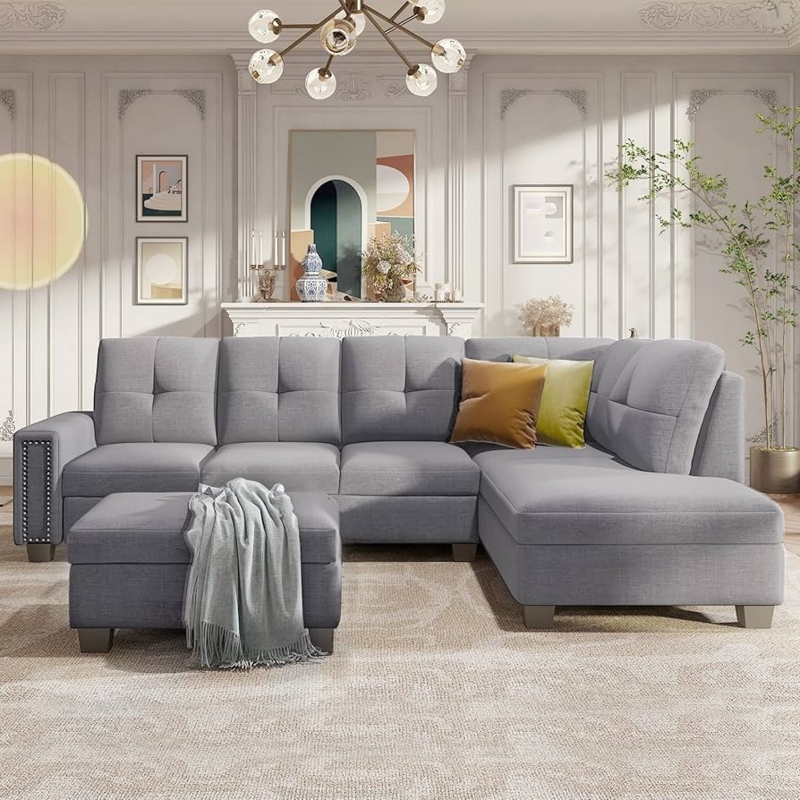 Transitional Sectional Sofa Nailhead Trim Storage Ottoman Fabric