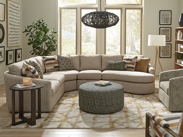 Transitional Sectional Sofa with Curved Wedge and Track Arms