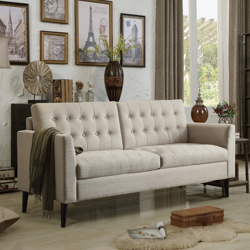 Transitional Sofa Charcoal Gray Linen Like Inner Arm Tufting