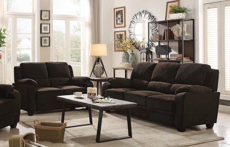Transitional Sofa Set: Chocolate Brown Fabric and Rolled Arm Silhouette (75 chars)