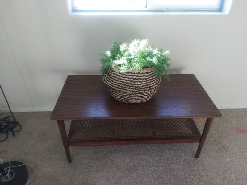 Transitional Walnut Wood Coffee Table with Lower Shelf and Block Legs