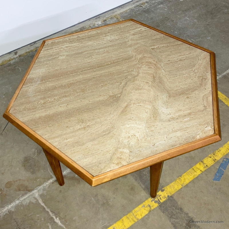 Travertine Top Mid-Century Hexagonal Coffee Table with Six-Leg Base