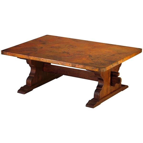 Trestle Coffee Table featuring Hammered Copper-Like Top and Wood Base