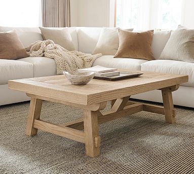 Trestle Coffee Table in Light Brown Wood for Modern Farmhouse Layouts