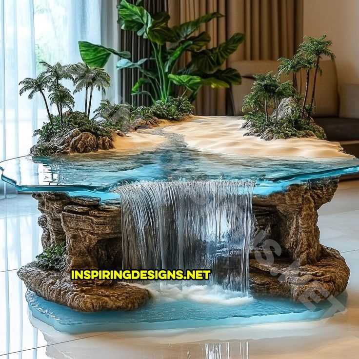 Tropical Island Resin Coffee Table Waterfall Detail Ocean Blue