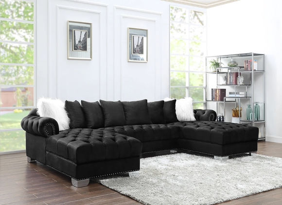 Tufted Back Black Sectional Sofa with Matching Ottoman L-Shaped