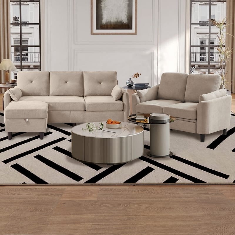 Tufted Back Fabric Sofa Set Light Grey Flared Arms Transitional Tapered Feet