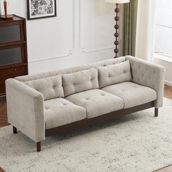 Tufted Back Sofa Grey Beige Square Arms Tapered Legs