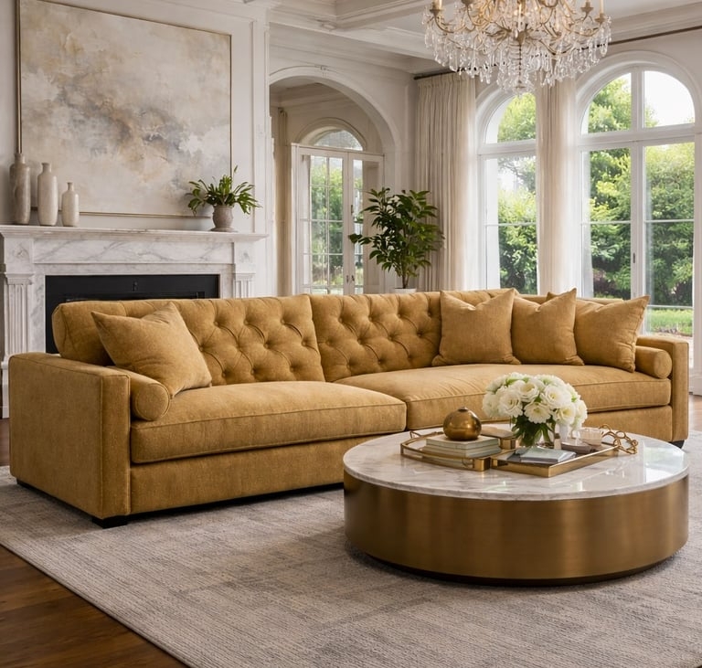 Tufted Chesterfield Sofa: Mustard Yellow Velvet, Rolled Arms, Nesting Tables