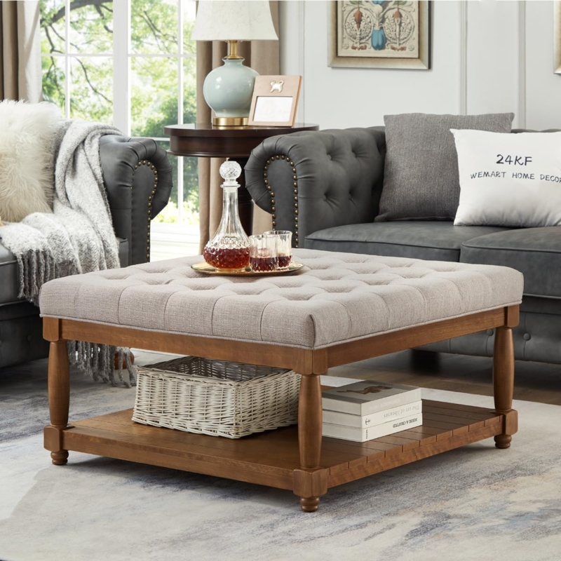 Tufted Cocktail Ottoman with Spindle Legs & Storage Shelf, Beige Linen