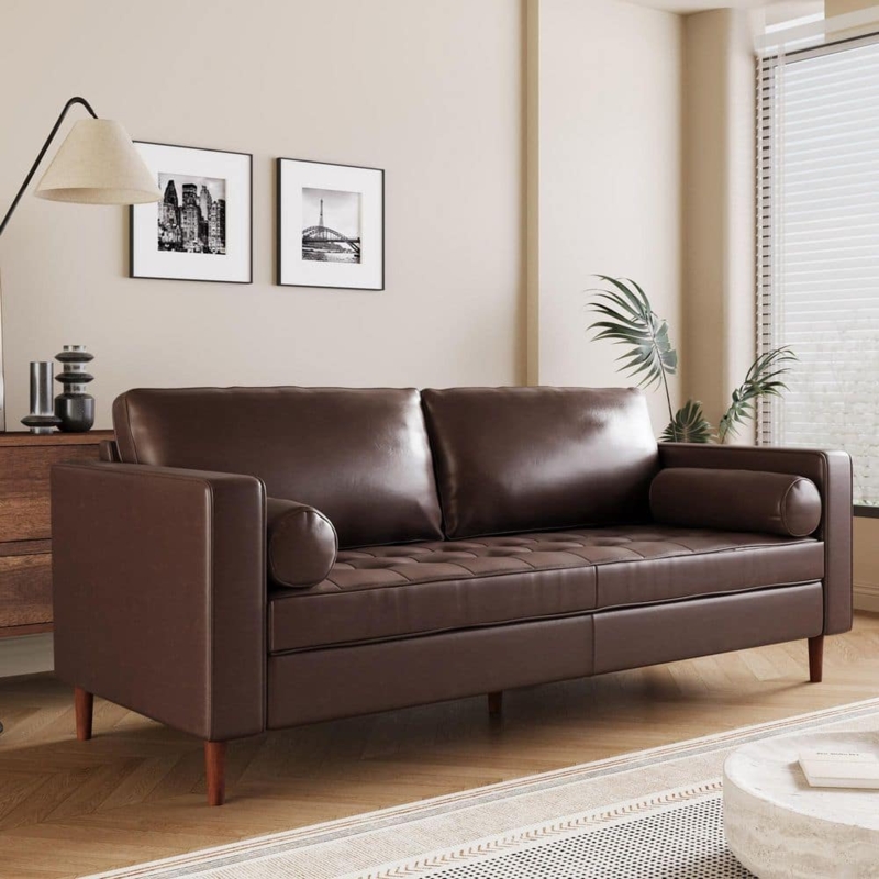 Tufted Dark Brown Leather Sofa with Bolster Pillows