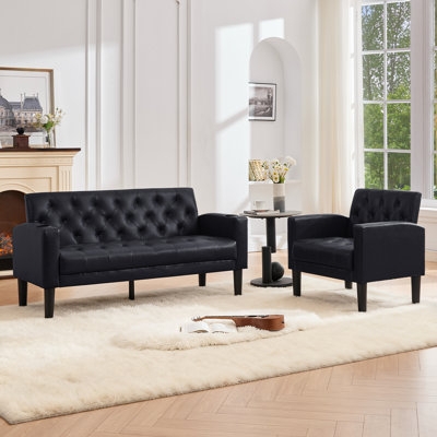Tufted Faux Leather Living Room Set with Fold-Down Tray and Cup Holders.