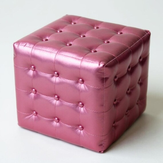Tufted Ottoman Metallic Pink Cube Diamond Tufting, Chic Rose Gold Pouf