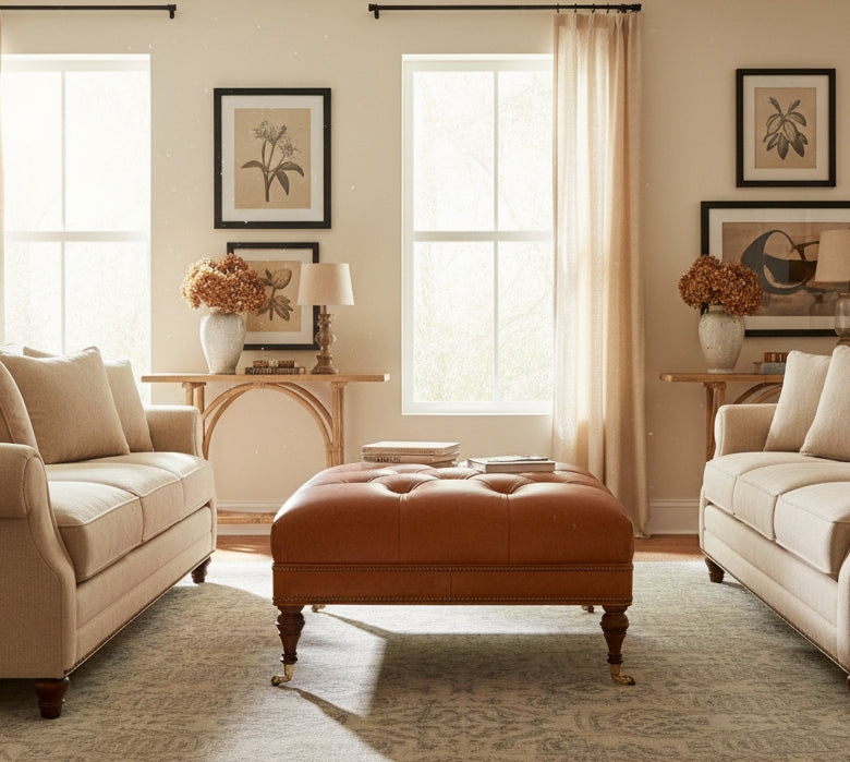 Tufted Ottoman Square Espresso Brown Leather-Like Nailhead Trim Traditional