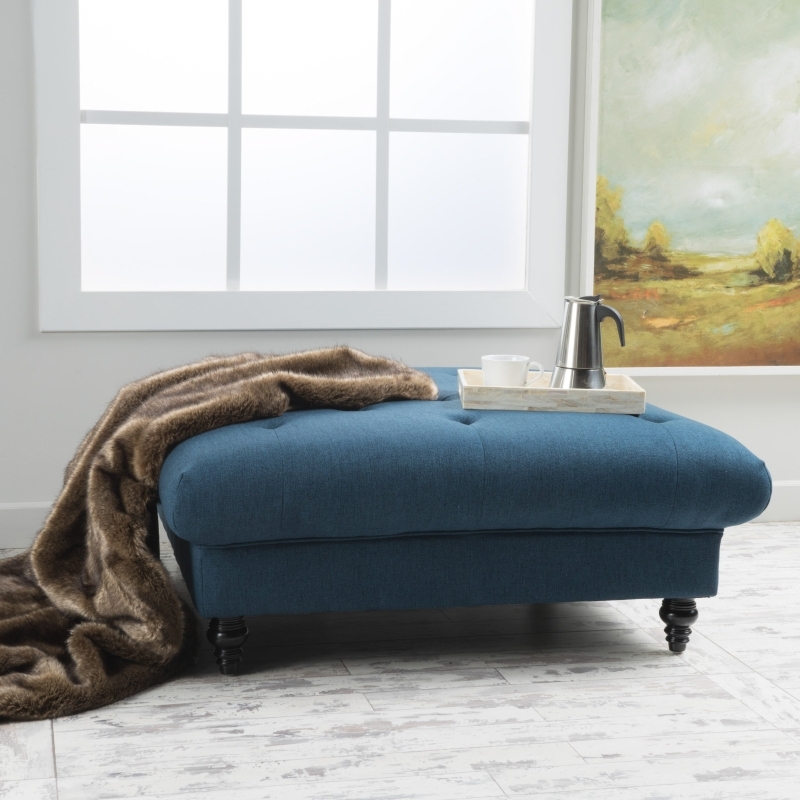 Tufted Ottoman Square Navy Blue Fabric with Turned Wood Legs