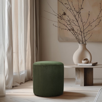 Tufted Ottoman with Tapered Wood Legs in Cream Fabric (60 chars)