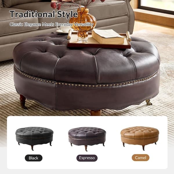 Tufted Round Ottoman with Silver Nailhead Trim