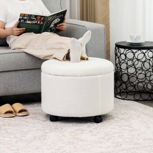 Tufted Round Storage Ottoman with Casters, Navy Blue Fabric